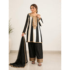 Black & White Striped Linen Suit With Gold Lace