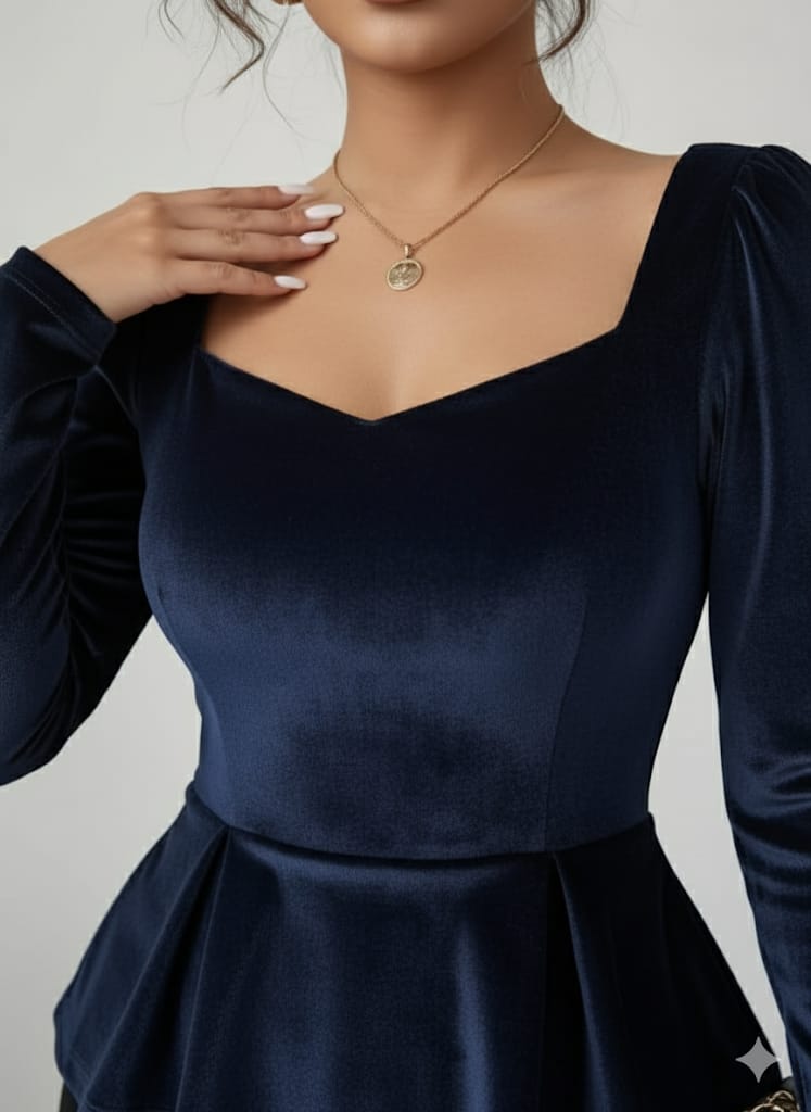 Elegant Velvet V-Neck Long Sleeve Top – Soft Button-Up Shirt With Ruffled Hem