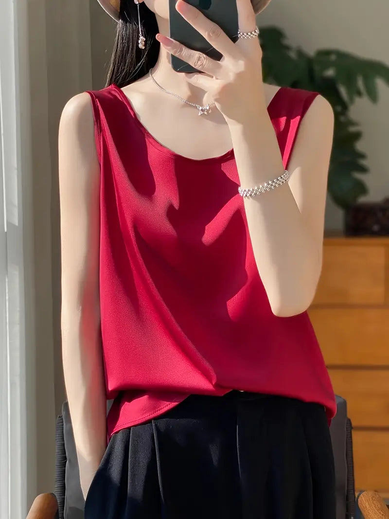 Elegant Low-Neck Sleeveless Tank Top – Semi-Sheer Stretchy Shirt, Layering Piece, Lightweight Top For Casual Wear