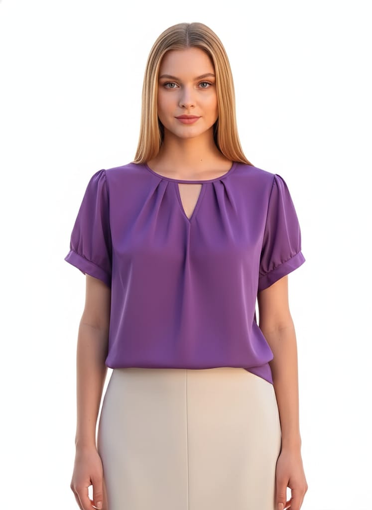 Women’s V-Neck Blouse, Loose Fit Short Sleeve Top With Glossy Fabric, Vintage Style