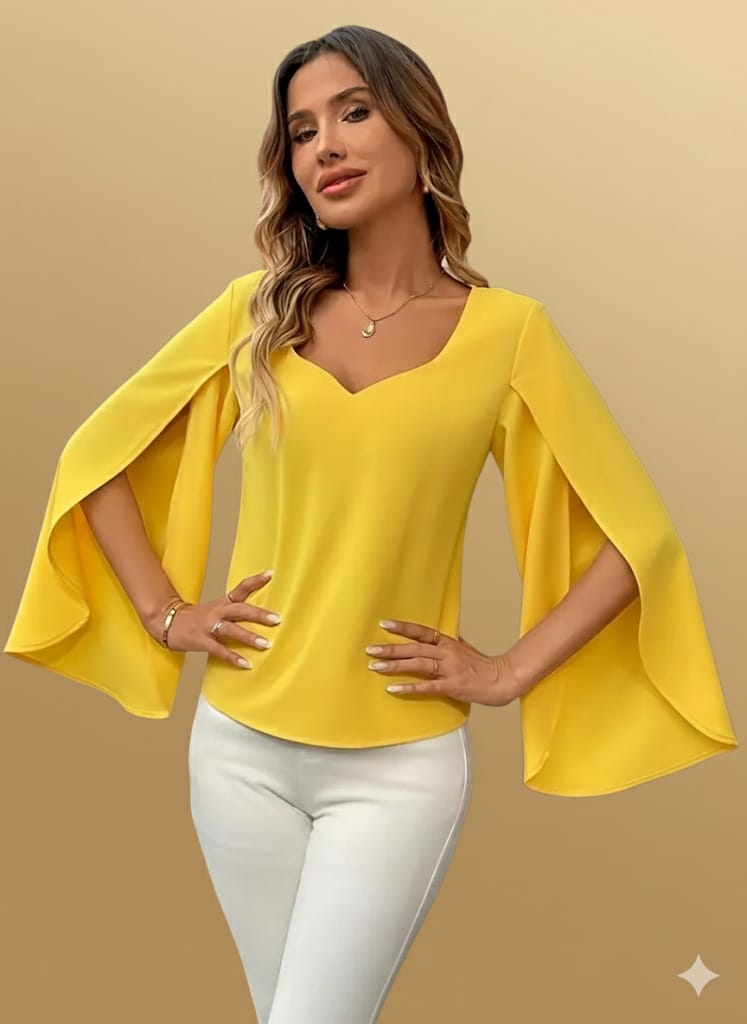Elegant V-Neck Blouse, Vibrant Yellow Long Sleeve Top, Lightweight, Shirt For Casual & Formal Fashion