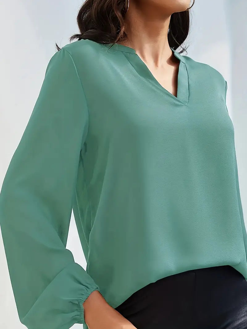 Casual V-Neck Lantern Sleeve Solid Shirt – Elegant Loose Fit Blouse For Styling Work And Daily Wear