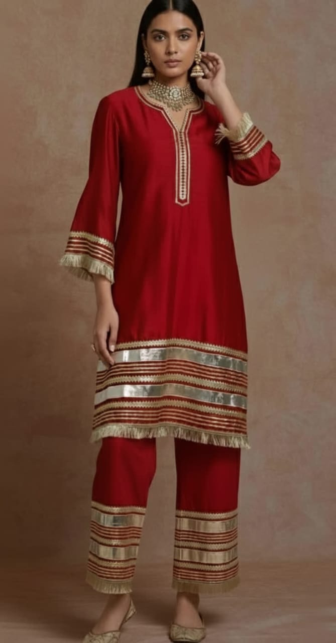 Elegant Red Chanderi Kurta – Traditional Straight-Cut Suit With Gold Gota Work, Lace Border, Flared Sleeves & Lined Finish