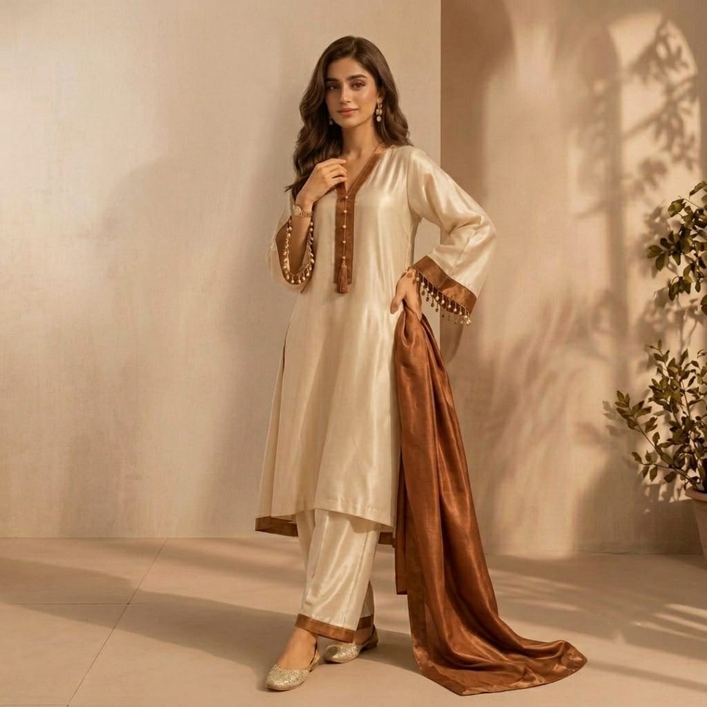 Cream & Caramel Brown Three -Piece Silk Suit