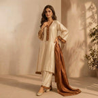 Cream & Caramel Brown Three -Piece Silk Suit