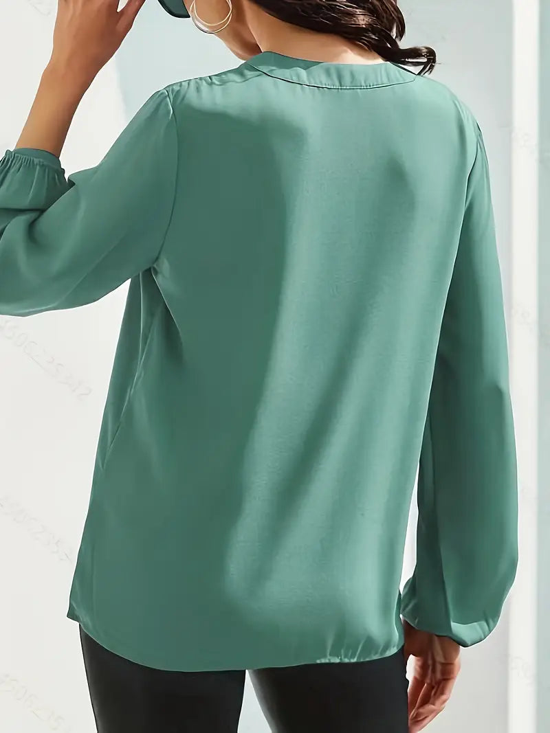 Casual V-Neck Lantern Sleeve Solid Shirt – Elegant Loose Fit Blouse For Styling Work And Daily Wear