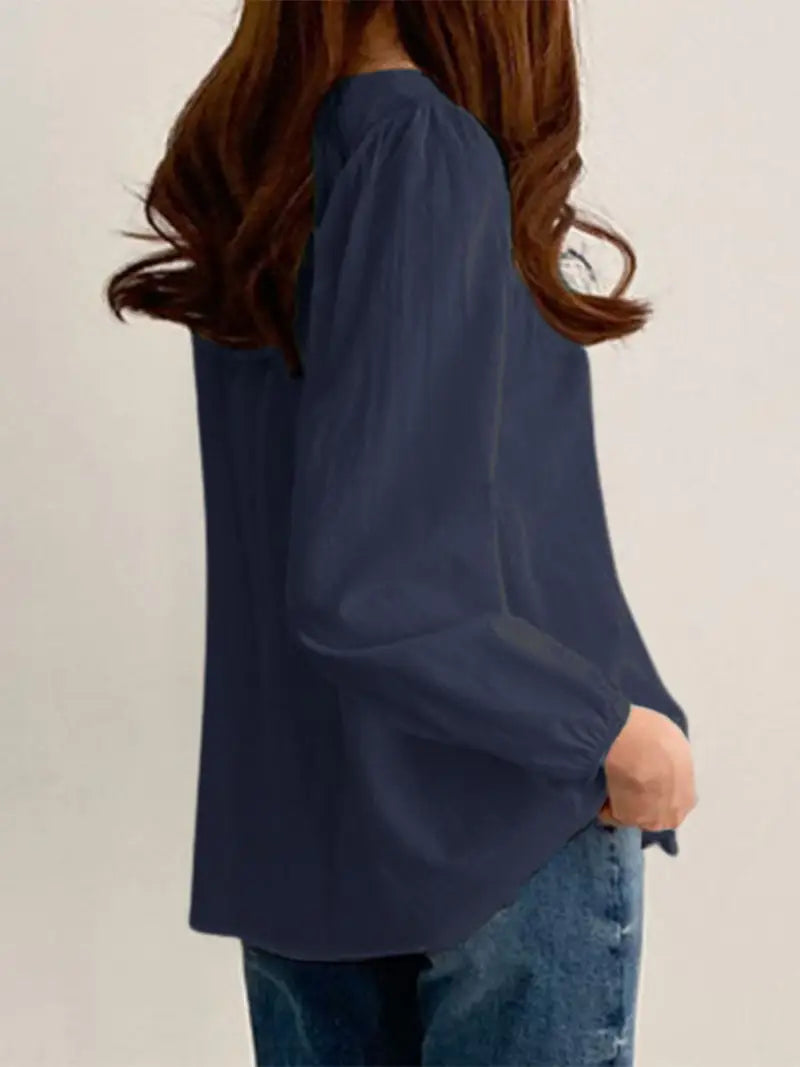 Elegant Crew Neck Top with Ruched Detail | Loose-Fit, Stylish Long Sleeve Casual Commute Blouse | Everyday Fashion Top