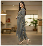 Asymmetrical Gota Patti Kurta Set – Light Gold Embroidered Bodice, Flounce Sleeves, Gold Trim Salwar Kameez With Sheer Gota Dupatta.