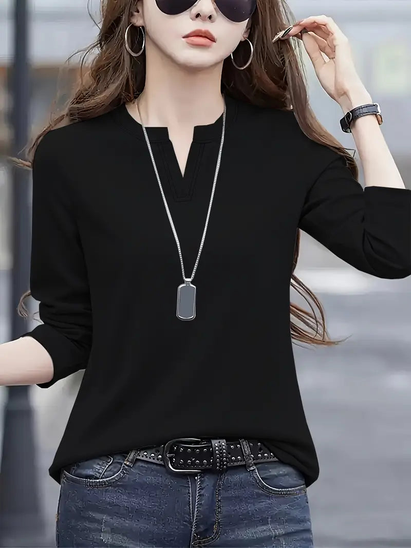 NISWA STYLE Elegant Women’s Blouse, Solid Color Long Sleeve V-Neck Shirt, Flowy Button-Up Formal Outfits