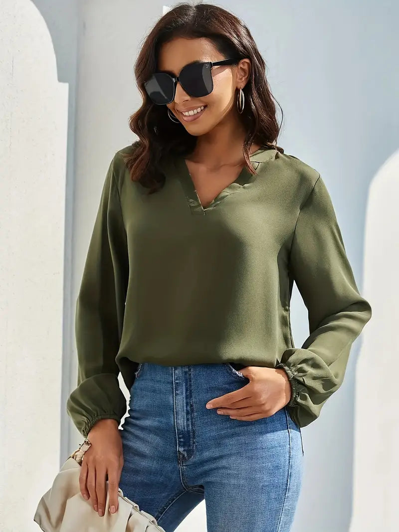 Casual V-Neck Lantern Sleeve Solid Shirt – Elegant Loose Fit Blouse For Styling Work And Daily Wear
