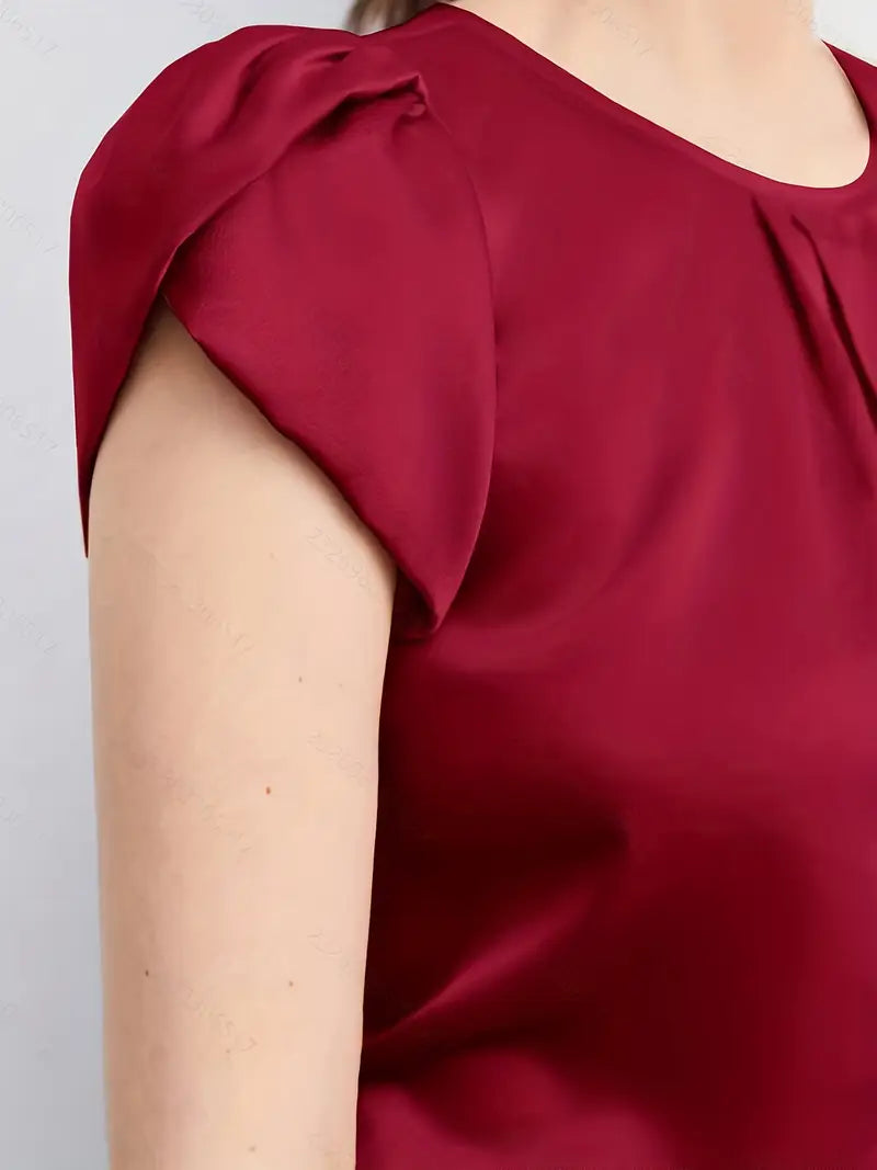 Women’s Round Neck Ruffled Petal Sleeve Top, Casual Chic Glossy Texture Ladies Blouses