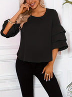Women’s Fashion Three-Layer Sleeve Top – Elegant Round Neck Blouse, Lightweight, Flowy & Stylish Casual To Semi-Formal Wear Season