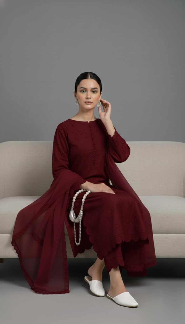 Premium Chikankari Salwar Kameez –  Long Shirt With Scallop Border, Cotton Trouser & Elegant Dupatta - New Light-Shade Collection For Women