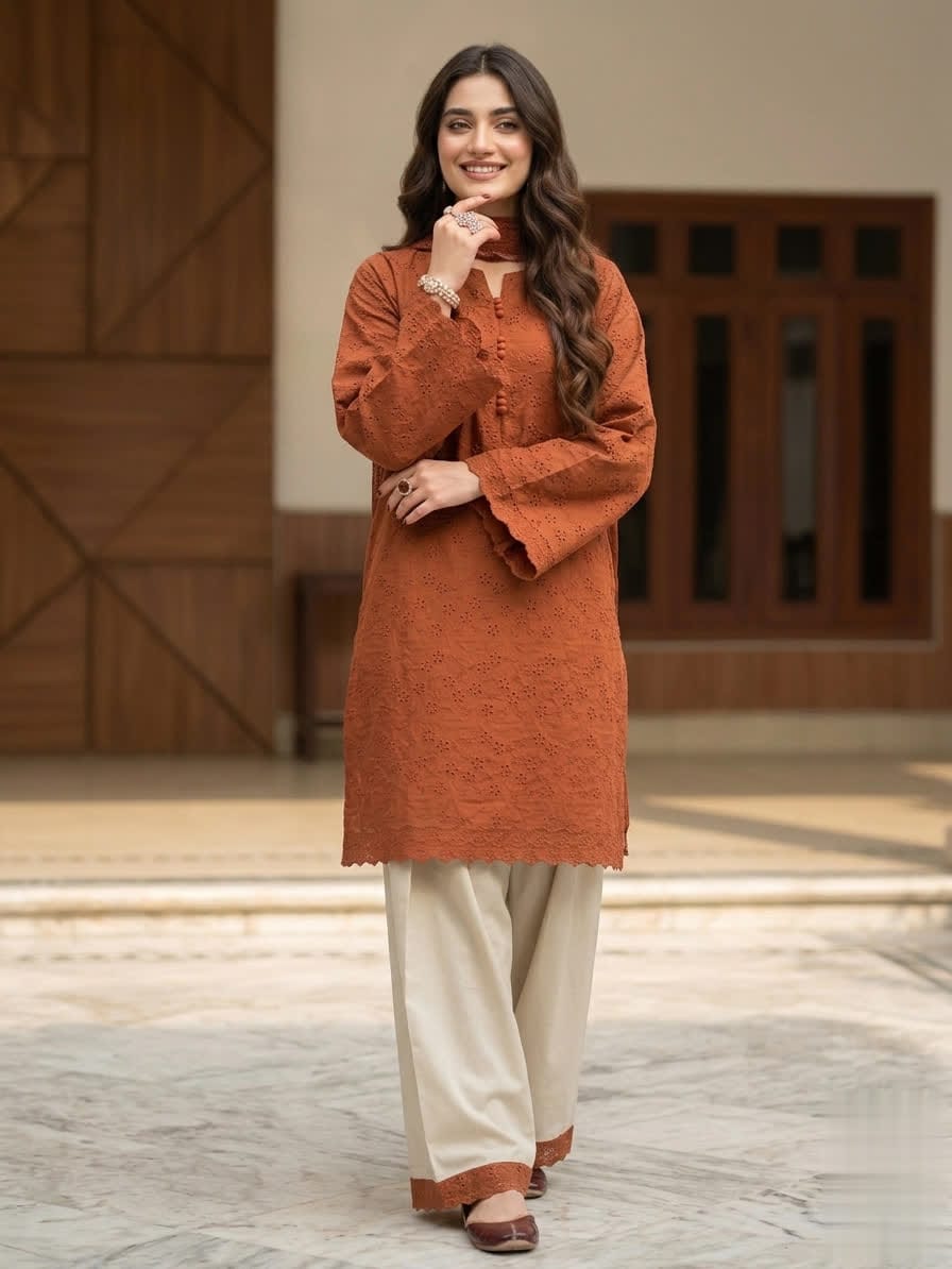 Elegant Rust Brown Chikankari Stitched Suit With Dupatta.