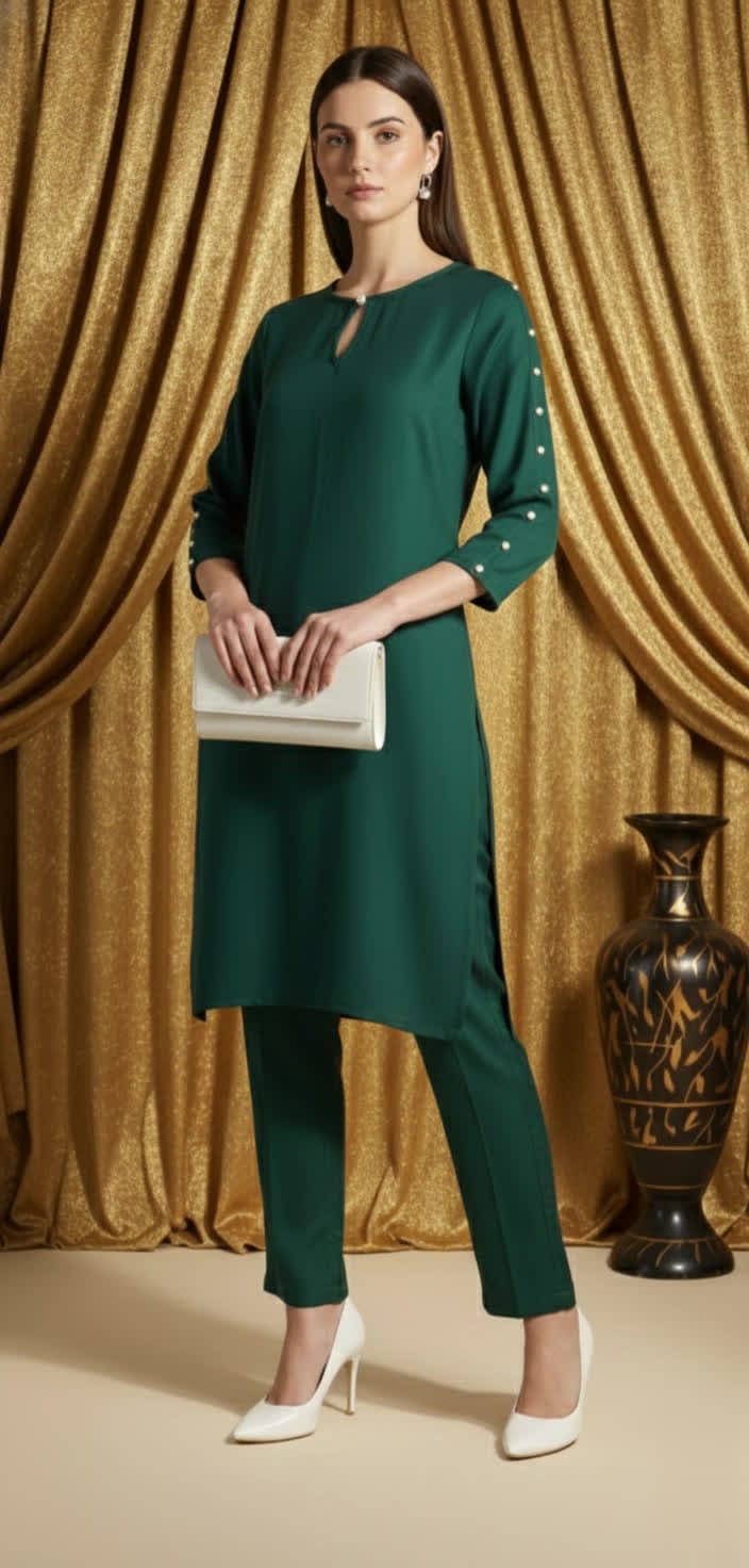 Sophisticated Pearl Detail Co-ord Set For Women, Elegant Shirt Pearl Work Top With Tailored Straight Pants.