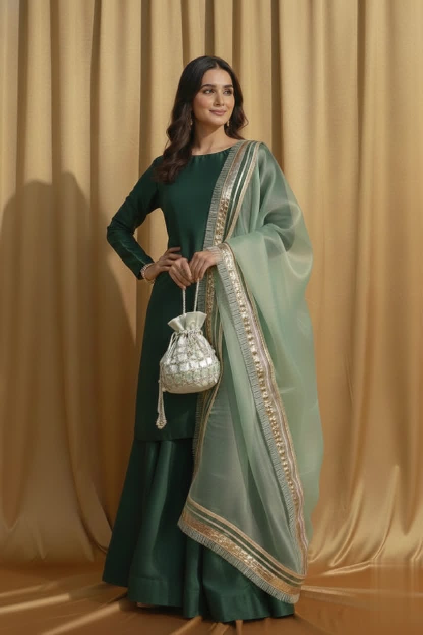 Elegant Plain Gharara Set For Women – Flared Palazzo-Style Gharara With Tissue Fabric & Light Green Masuri Dupatta