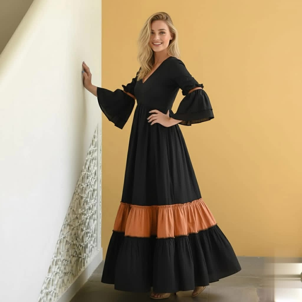 Black Rust Tier Cotton Dress – Elegant Long Flowy Dress - Soft Breathable Cotton - Modest Tiered Design - Everyday Casual & Formal Wear