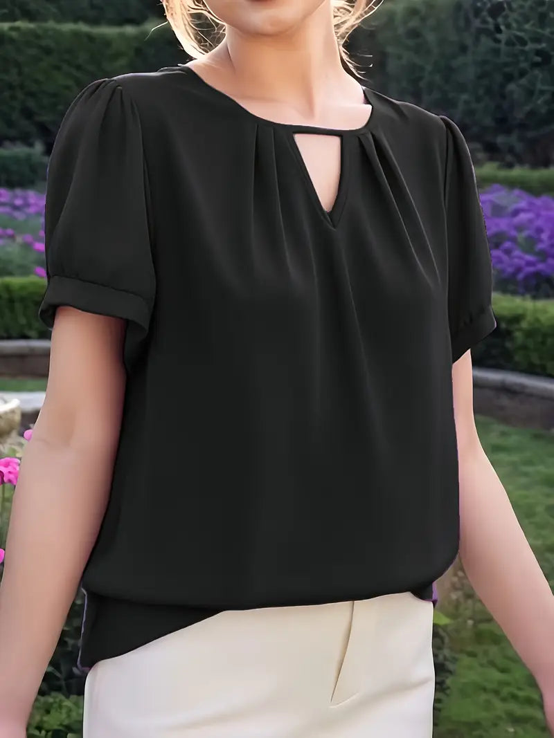 NISWA STYLE Women’s V-Neck Blouse, Loose Fit Short Sleeve Top With Glossy Fabric, Vintage Style