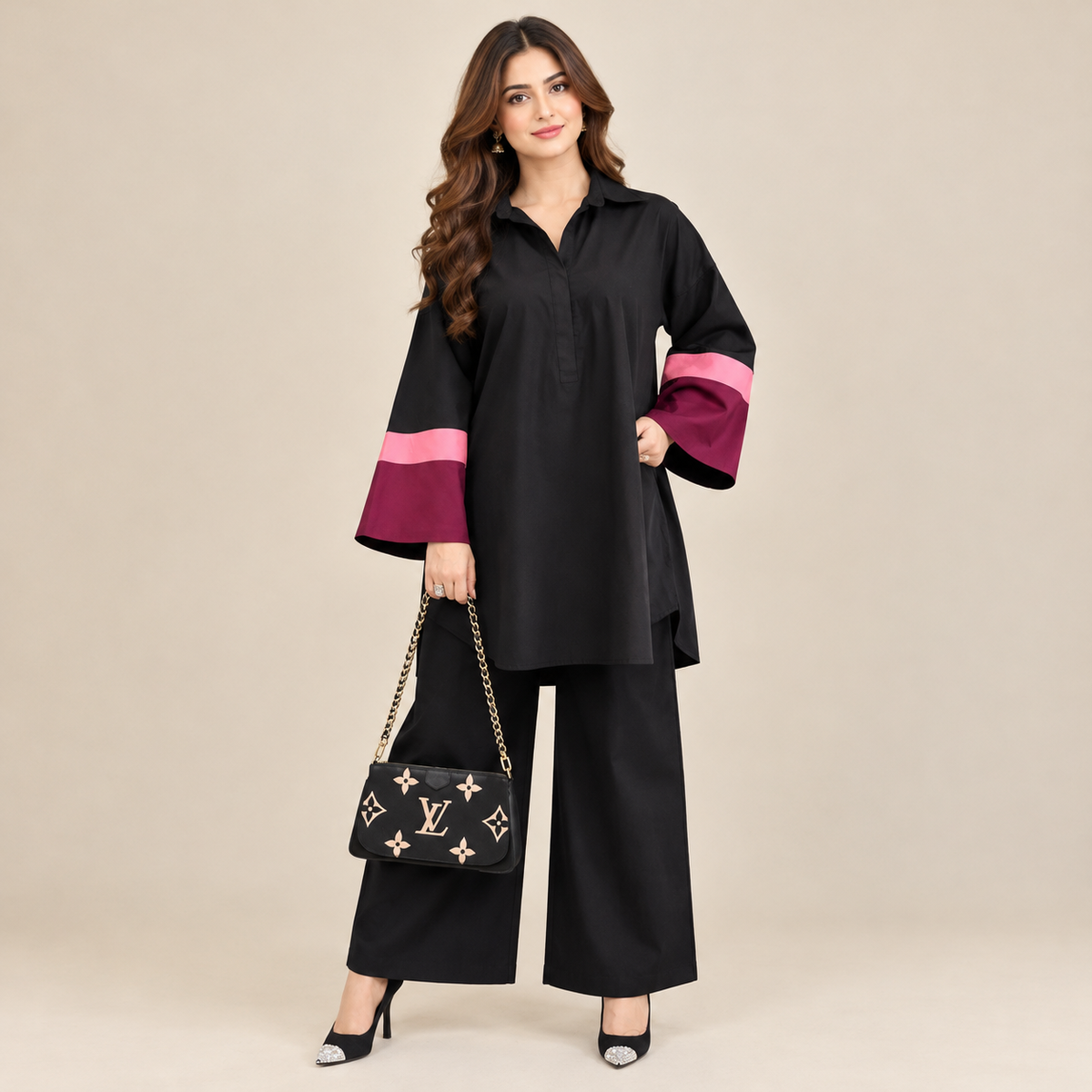 Black Color Block Cotton Co-ord Set