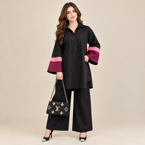 Black Color Block Cotton Co-ord Set