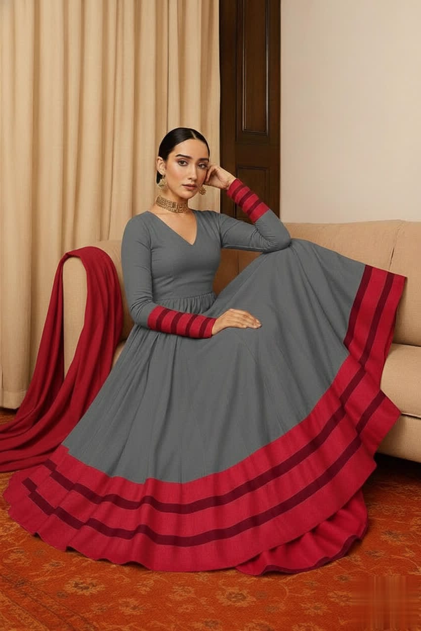 Peach & Red Anarkali Set For Women – Full Flare Long Gown With Contrast Border & Matching Dupatta - Elegant Traditional Outfit With Different Shades.