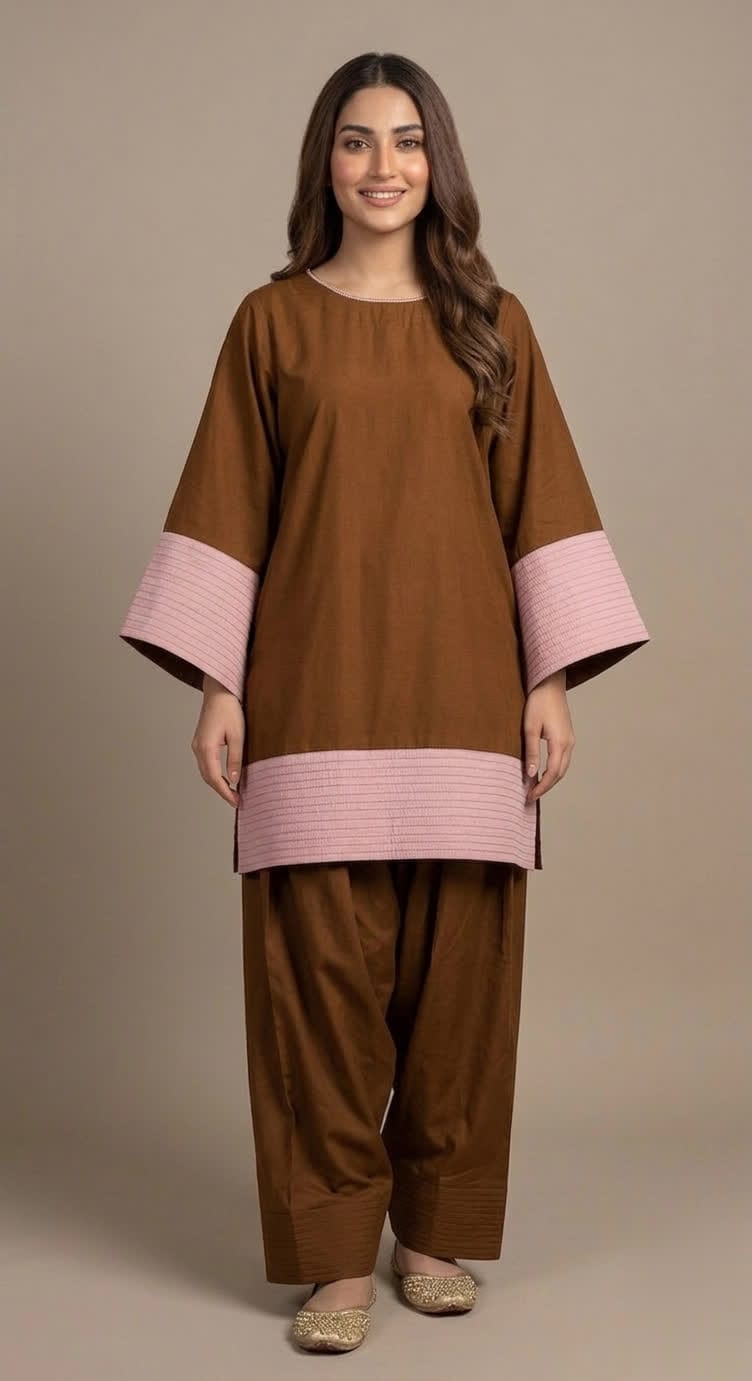 Brown And Pink Lawn Cotton Two Piece Suit - Short Shirt With Embroidery & Farshi Shalwar