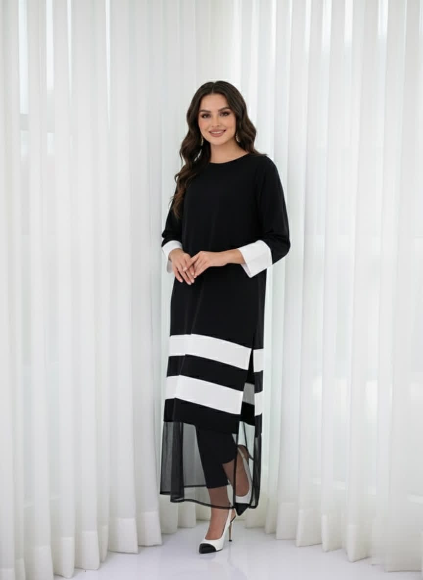Elegant Black & White Layered Midi Dress For Women – Contrast Panel Straight Fit Dress With 3/4 Sleeves & Sheer Hem - Modest Office & Formal Wear