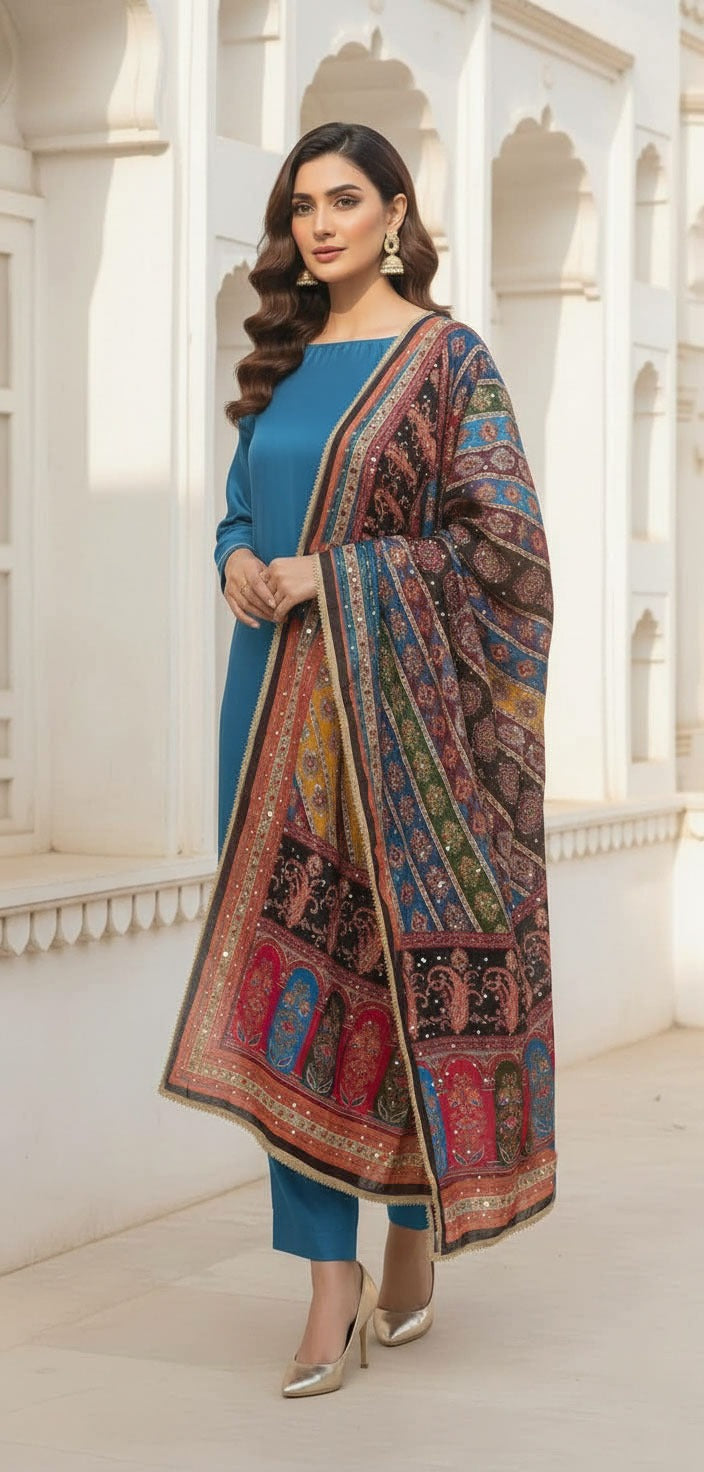 Colourful Ethnic Suit Set With Spectacular Embellished Mirrored Dupatta