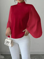 Elegant Red Ruffle Sleeve Blouse – Stand Collar Button-Up Long Sleeve Shirt For Women | Feminine Chic Ruffle Detail Blouse