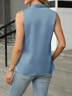Women’s Light Blue Sleeveless Blouse, V-Neck Button-Up Shirt With Ruffled Hem