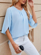 Elegant Puff Sleeve Blouse – Round Neck Button-Front Slit Hem, Short Jacket-Inspired Top For Casual And Office Wear