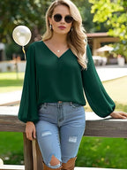 Elegant V-Neck Puff Sleeve Blouse – Solid Emerald Green, Long Sleeve Button-Up Top Office & Casual Wear