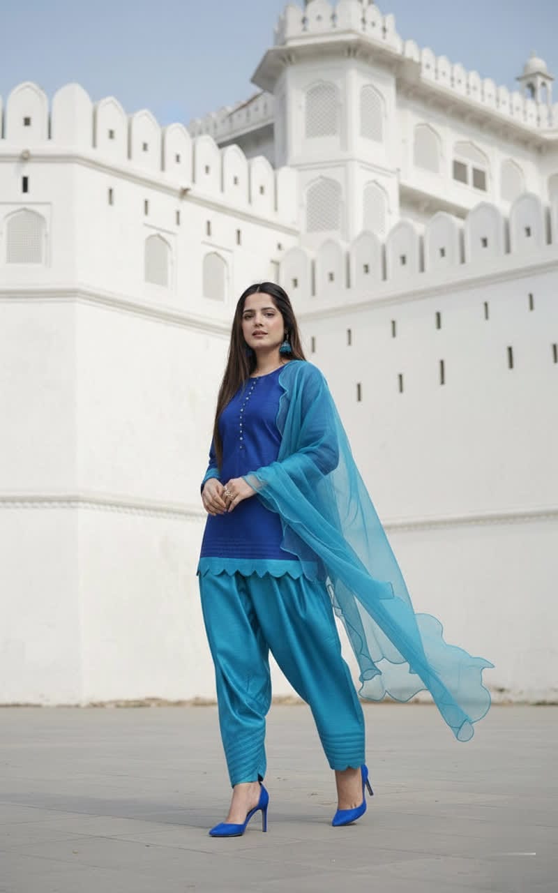 Premium Three Piece Cotton Silk Suit With Organza Dupatta - Stitched Shirt & Trouser Set