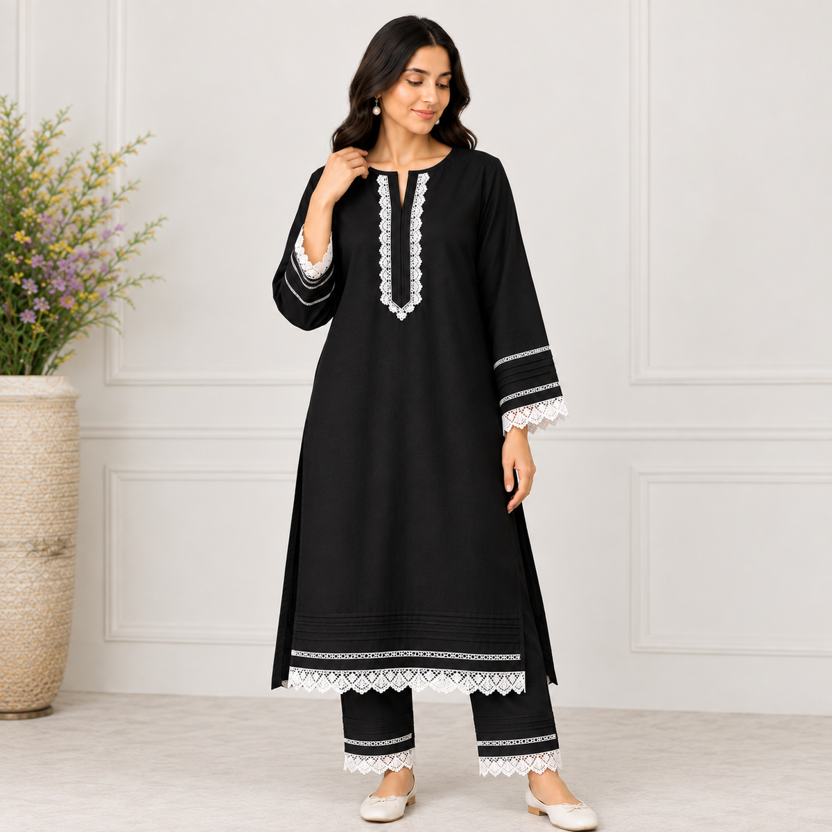 Black & White Luxury Pret Suit With Lace Detailing