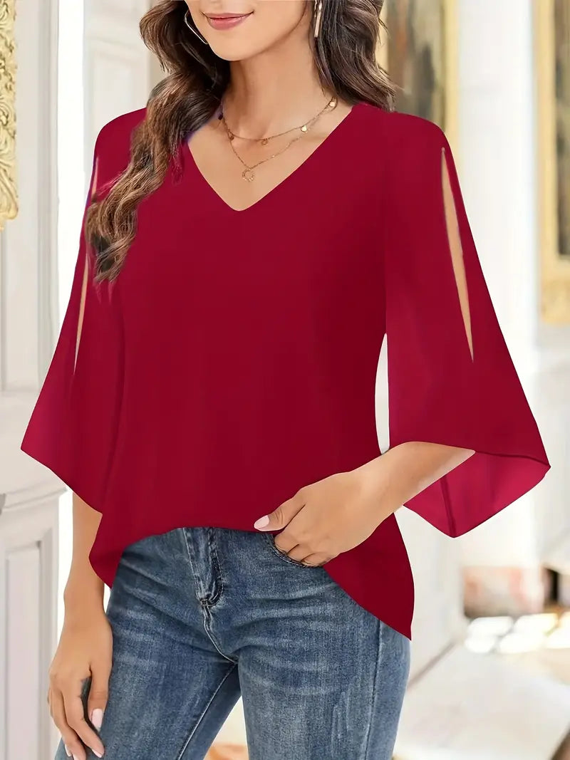 Elegant V-Neck Shirting Blouse, 3/4 Sleeve Top With Double Layer Mesh, Hollow Details, Casual & Formal Blouse