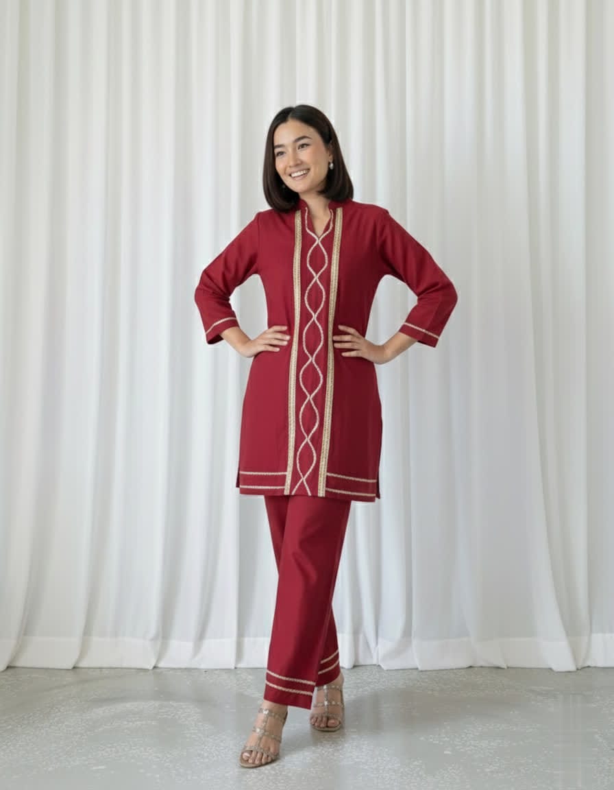 Cotton Slub Kurti Palazzo Set – Soft Co-Ord With Elegant Lace Detailing - Comfortable Daily Wear Kurta & Palazzo For Women