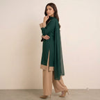 Emerald Green Straight-Cut Suit With Beige Color-Block Detailing
