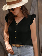 Elegant V-Neck Blouse With Puff Sleeves, Chic Button Down Shirt, Stylish Top Casual And Office Wear