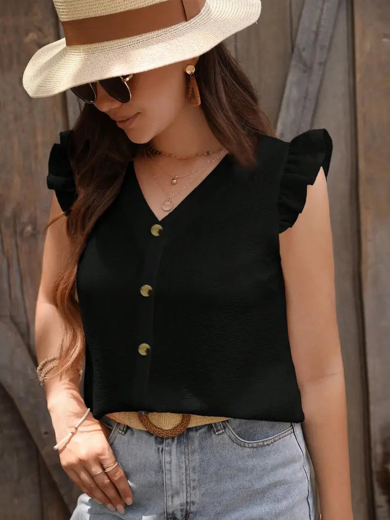 Elegant V-Neck Blouse With Puff Sleeves, Chic Button Down Shirt, Stylish Top Casual And Office Wear