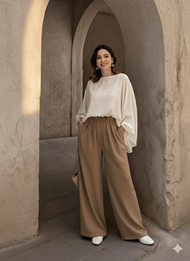 Chic Beige, Ruffled Hem, Button-Up Front - Casual Outfit - Ruffled Hem Top - Button-Up Blouse - Women’s Two-Piece Set