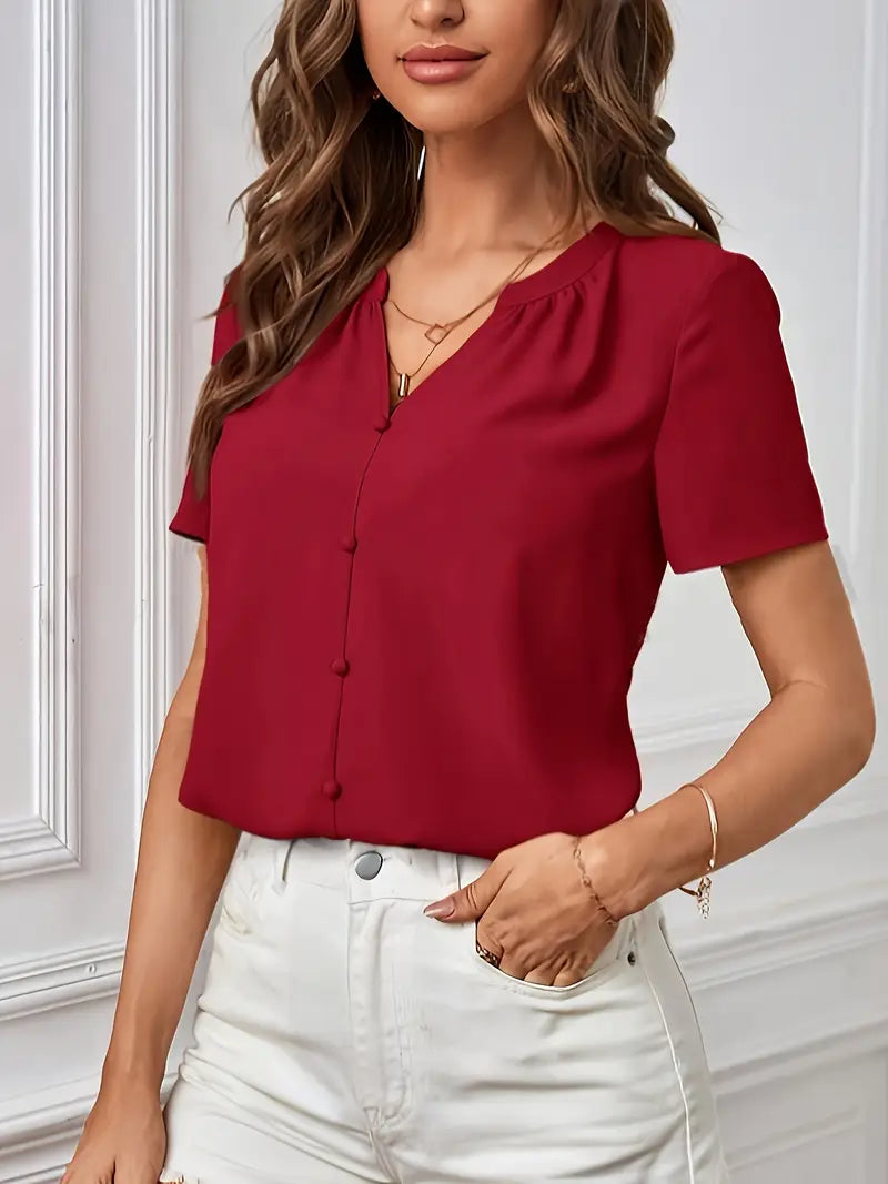 Women’s Faux Button Blouse, Elegant V-Neck Top, Lightweight Smooth Texture Fabric
