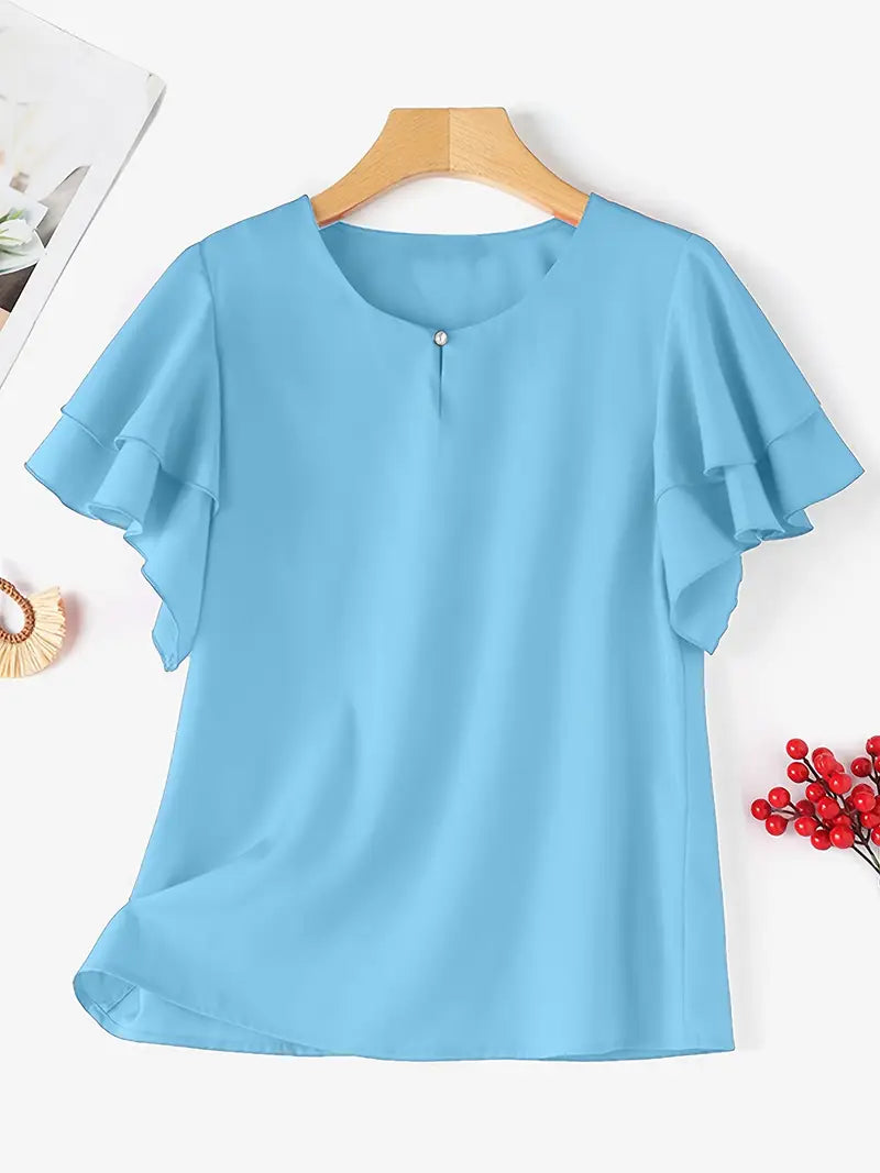 Elegant Lightweight Blouse – Double Layer Ruffle Sleeve Top, Round Neck Loose Fit Casual And Commute Wear