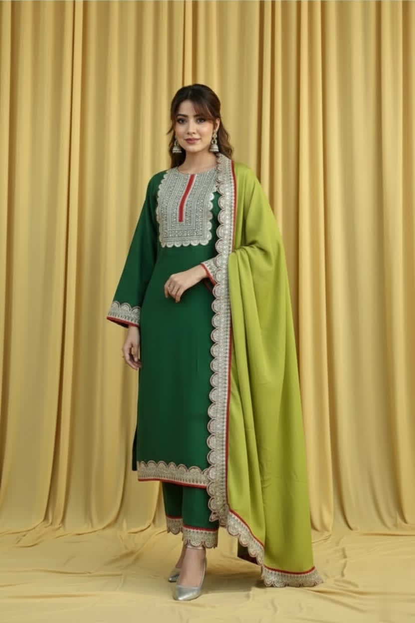 Women’s Traditional Green Silk Kurta Trouser Set – Straight Fit, Light Green Border Dupatta