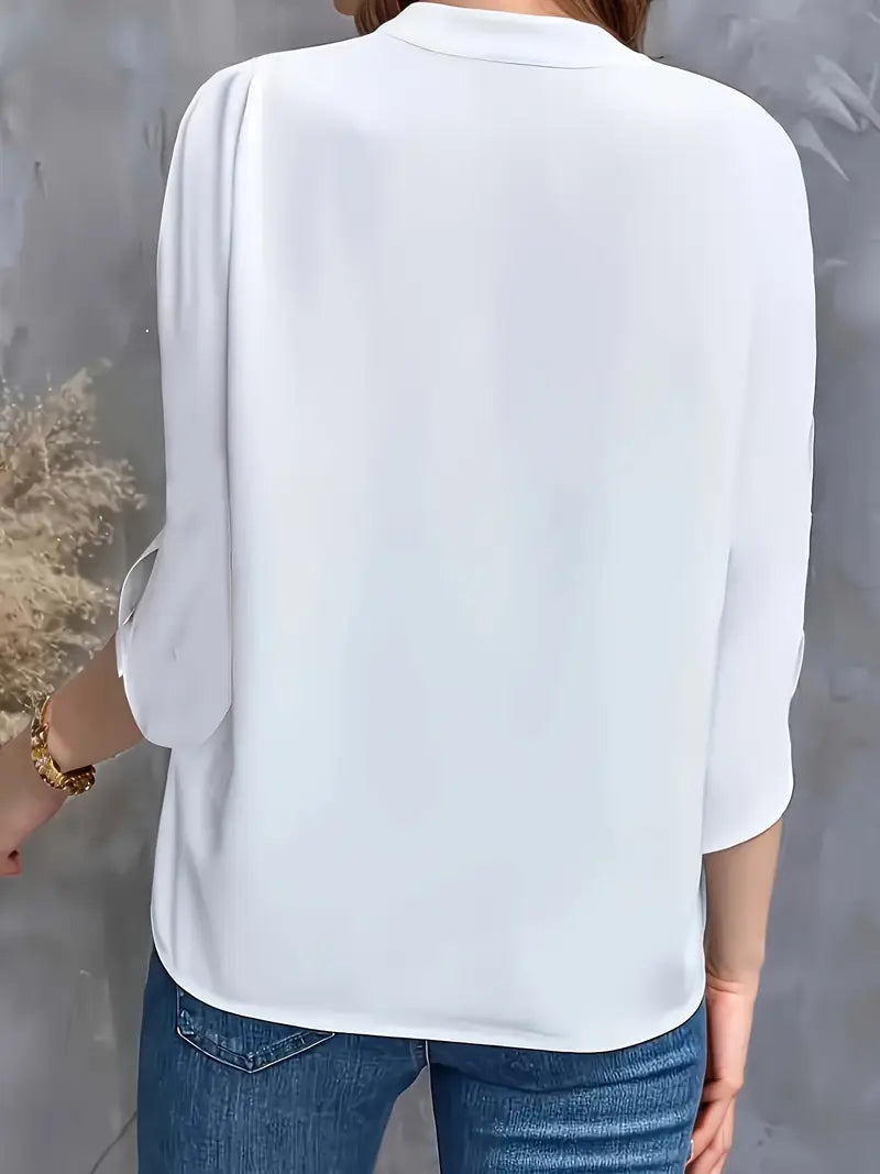 Mid-Sleeve Stand-Up Collar Top, Elegant Casual And Formal Wear, Sophisticated Flowing Silhouette