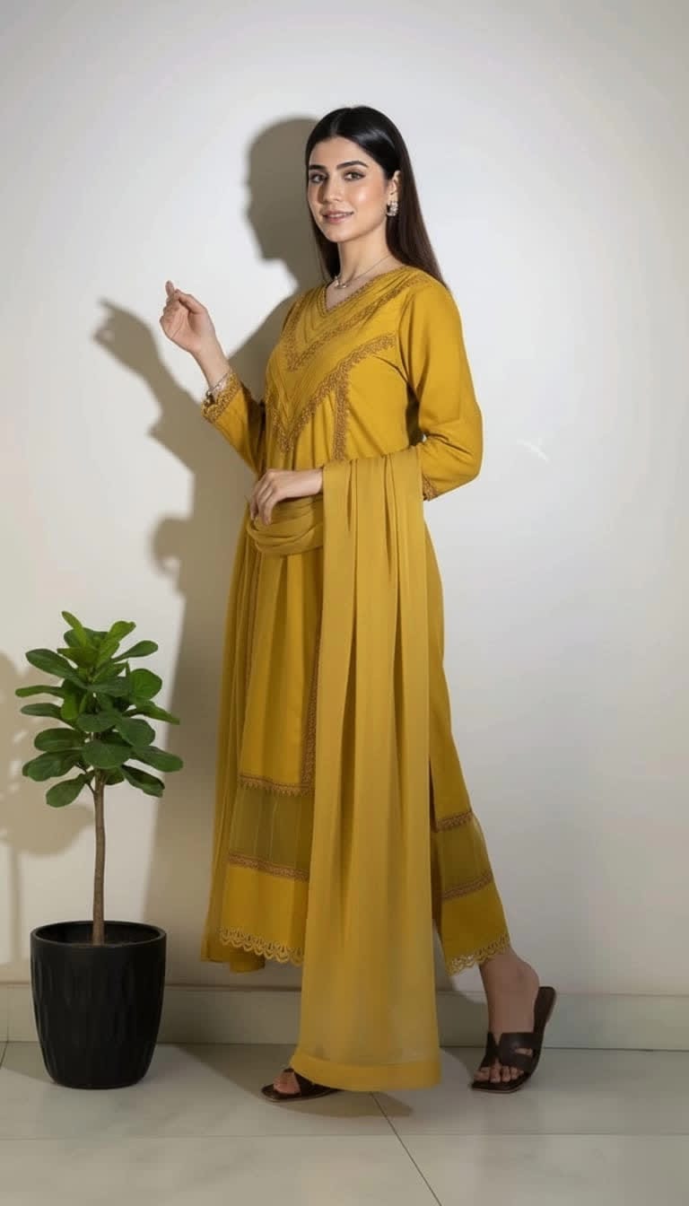 Cotton Lace Kurta Set For Women – 3 Piece Ethnic Suit With Chiffon Dupatta. |