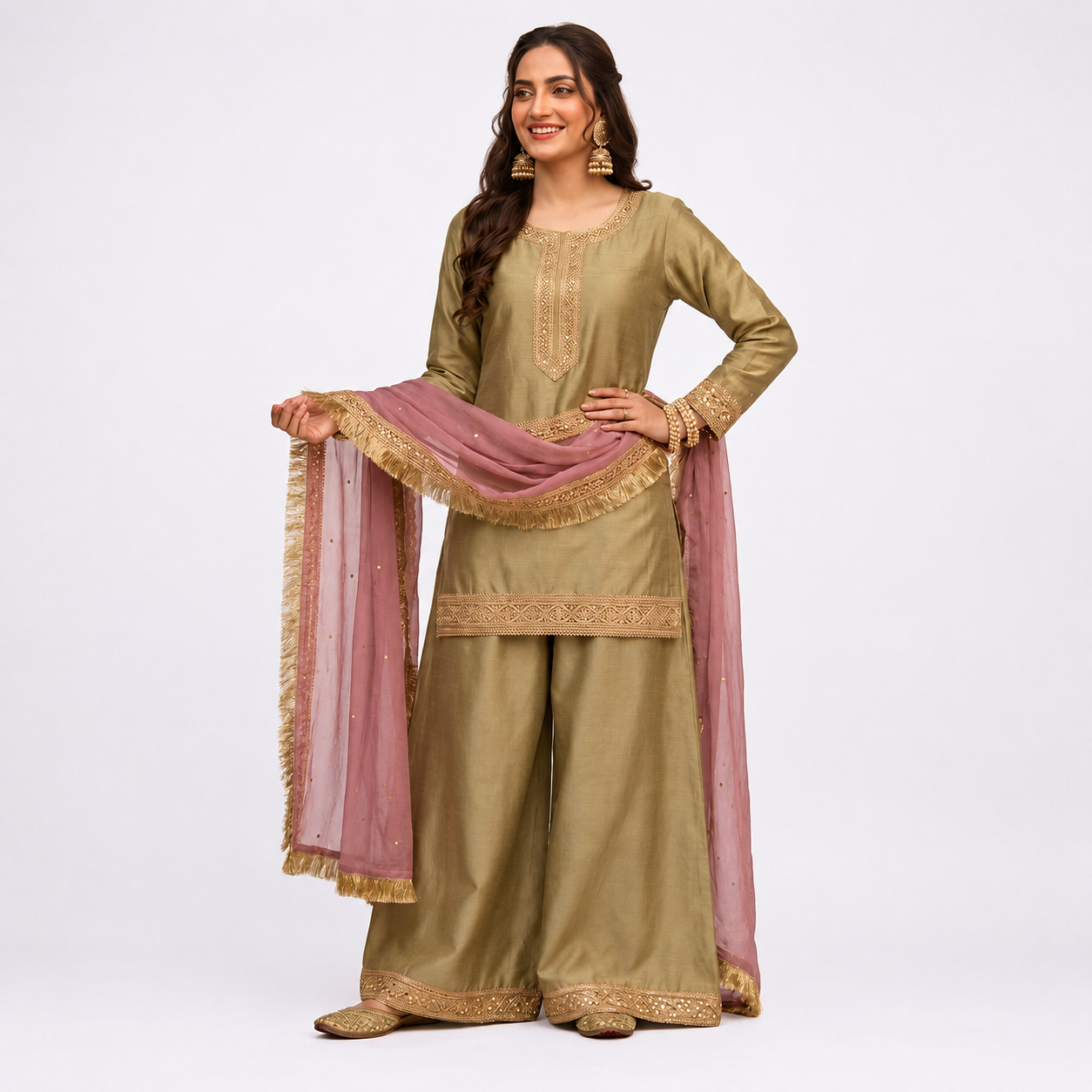 Elegant Golden Beige Suit With Mauve Dupatta