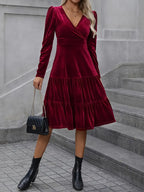 Elegant Crimson Formal & Party Dress – V-Neck A-Line Gown For Women With Ruffled Sleeves, Flared Hem & Sophisticated Texture