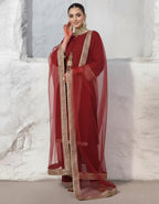 Maroon Shine Silk Kurta Trouser Set With Embroidered Lace & Net Dupatta - Luxury Ethnic Wear