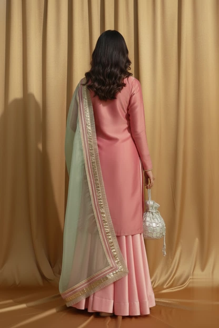 Elegant Plain Gharara Set For Women – Flared Palazzo-Style Gharara With Tissue Fabric & Light Green Masuri Dupatta