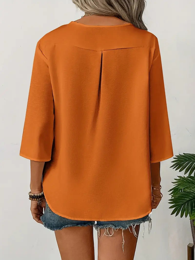 NISWA STYLE Elegant V-Neck Long Sleeve Blouse, Loose Fit Solid Color Button-Up Shirt With Faux Buttons, Lightweight Top For Casuall And Formal Wear